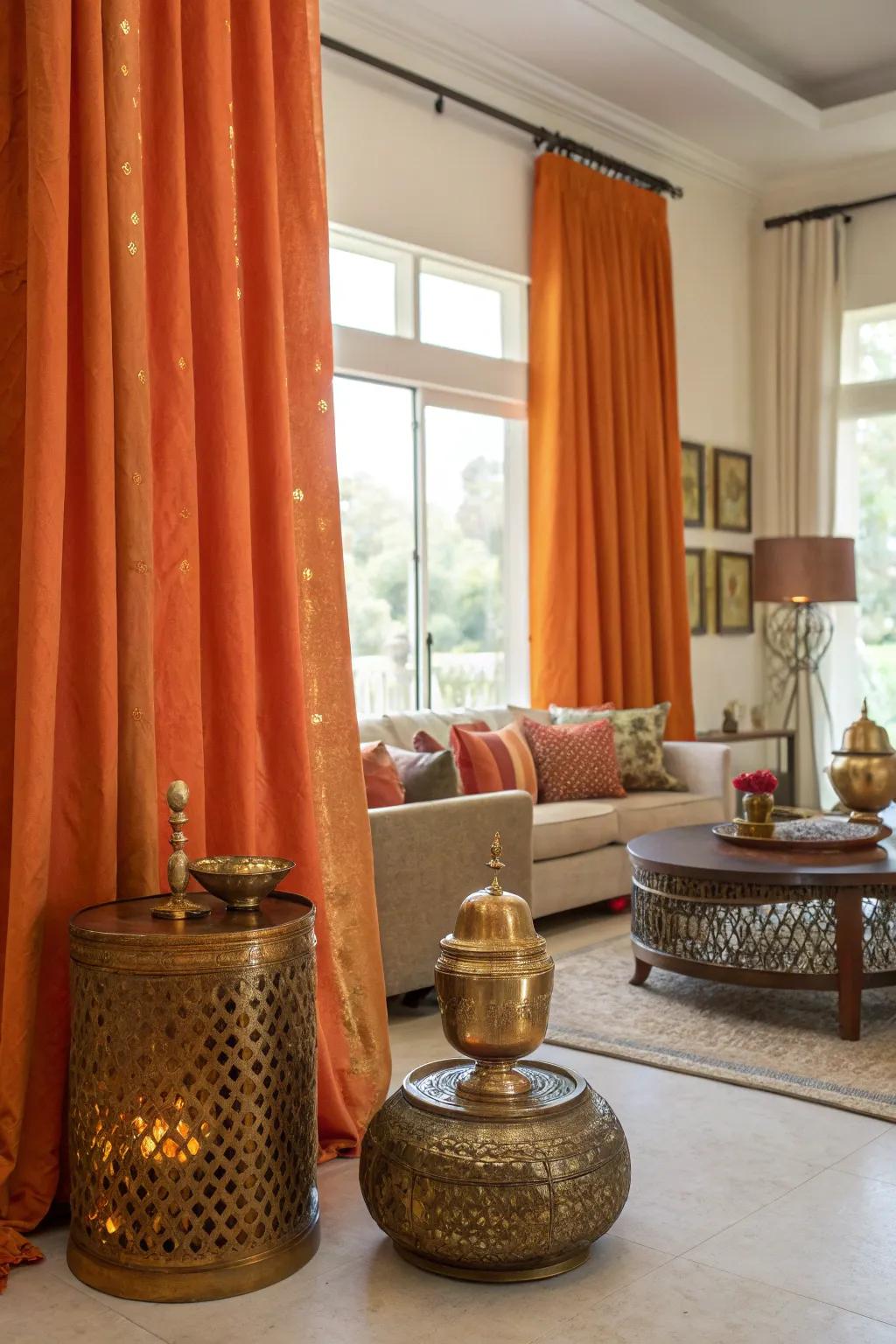 Opulent metallic features complementing orange window coverings.