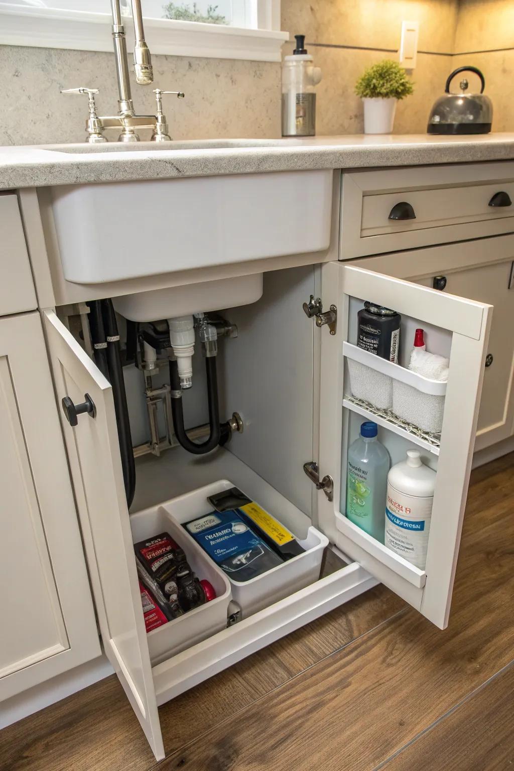Hidden cubbies help keep the cabinet organized and clutter-free.