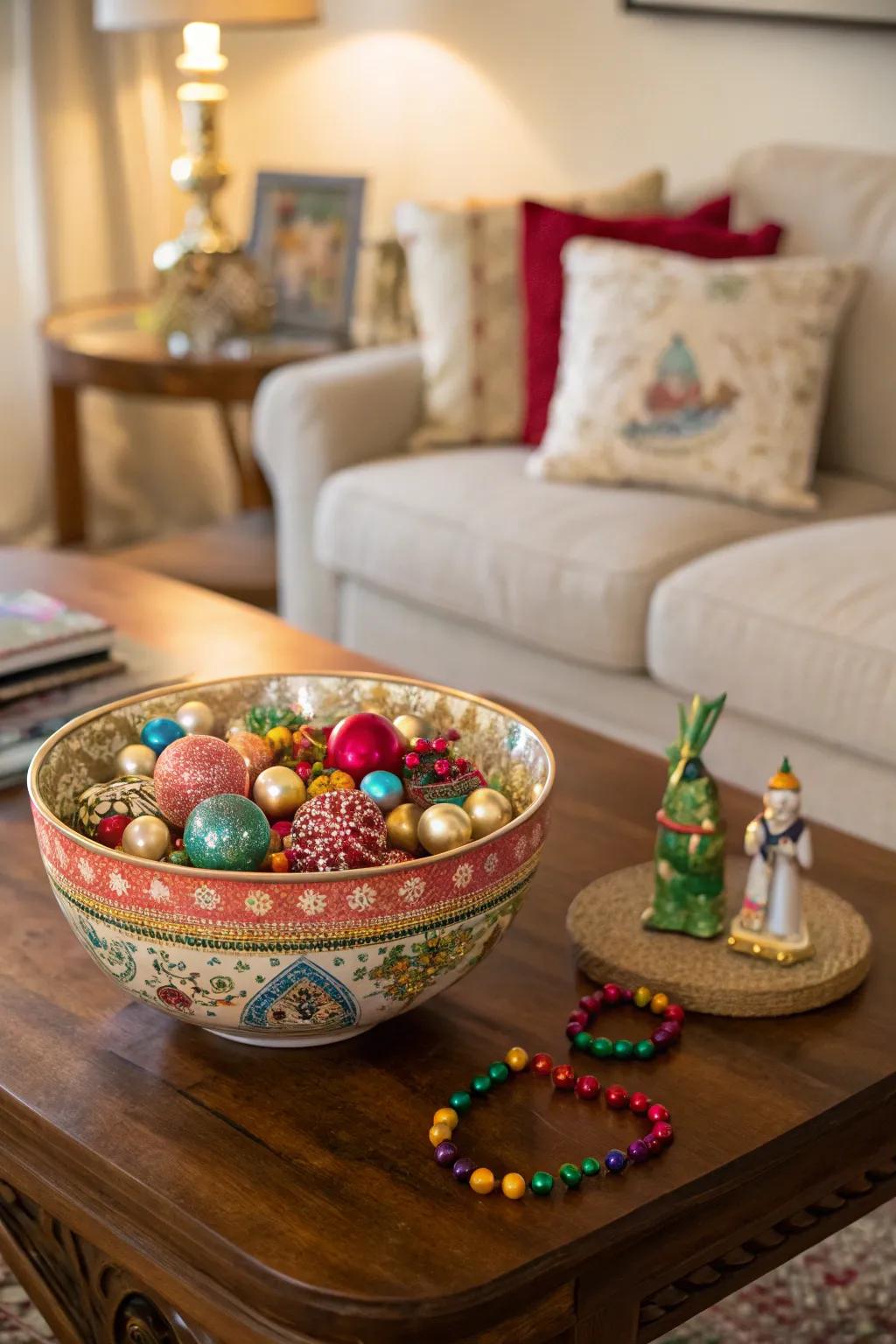 A simplistic yet striking ornament bowl focal point.