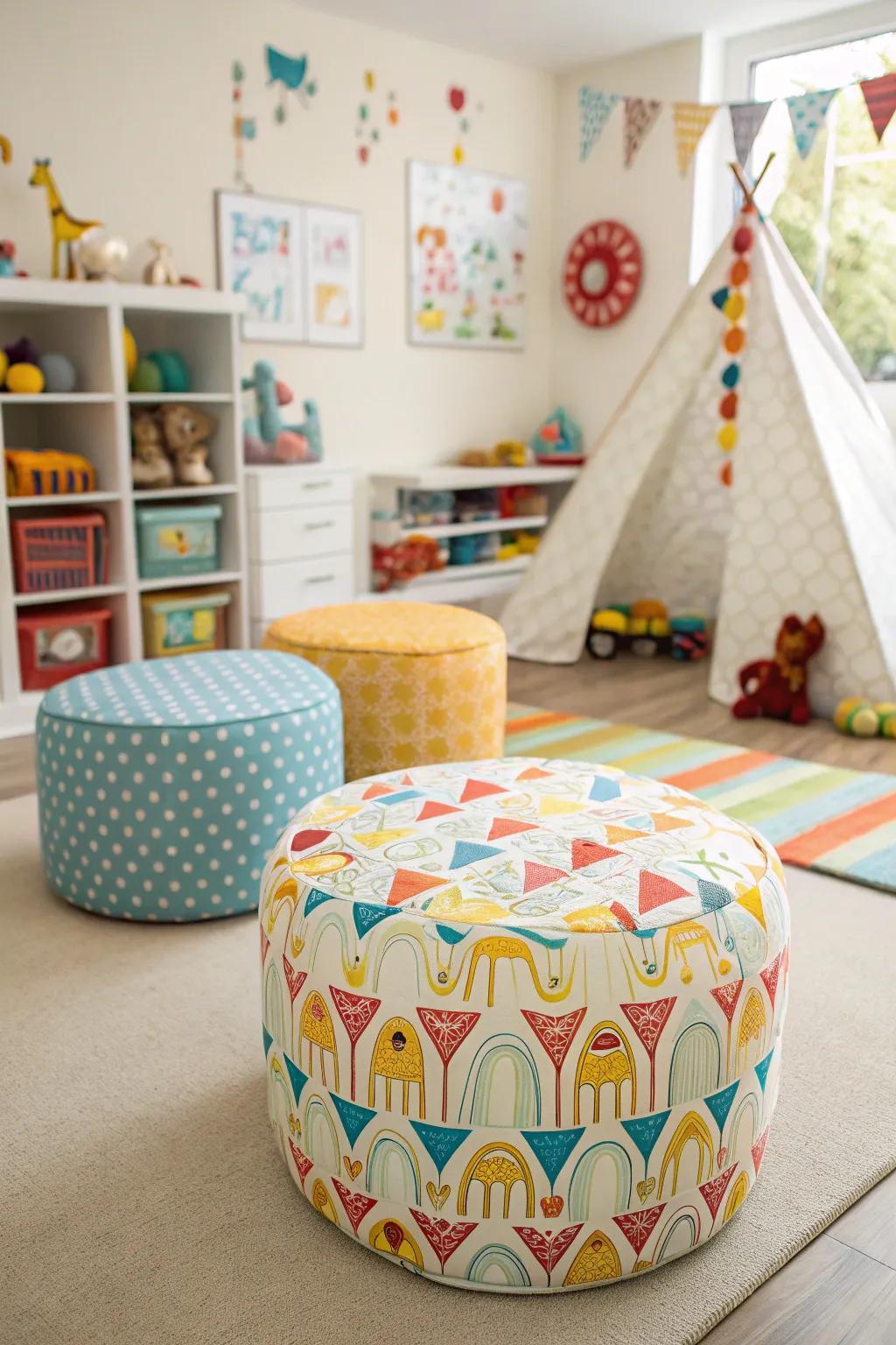 Playful ottomans in a vibrant play area