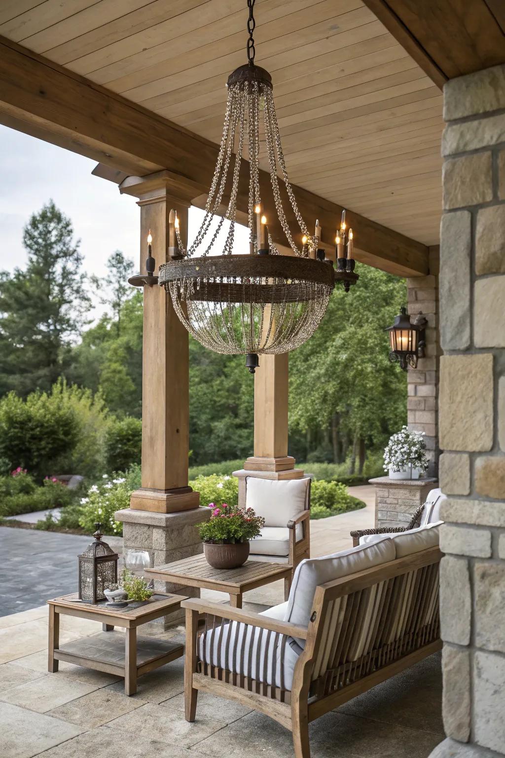 Create inherent balance with a lumber and stone chandelier.