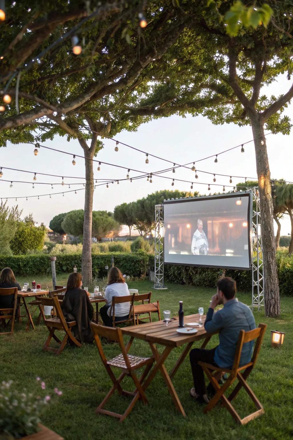 An outdoor dining zone prepared for film evening.