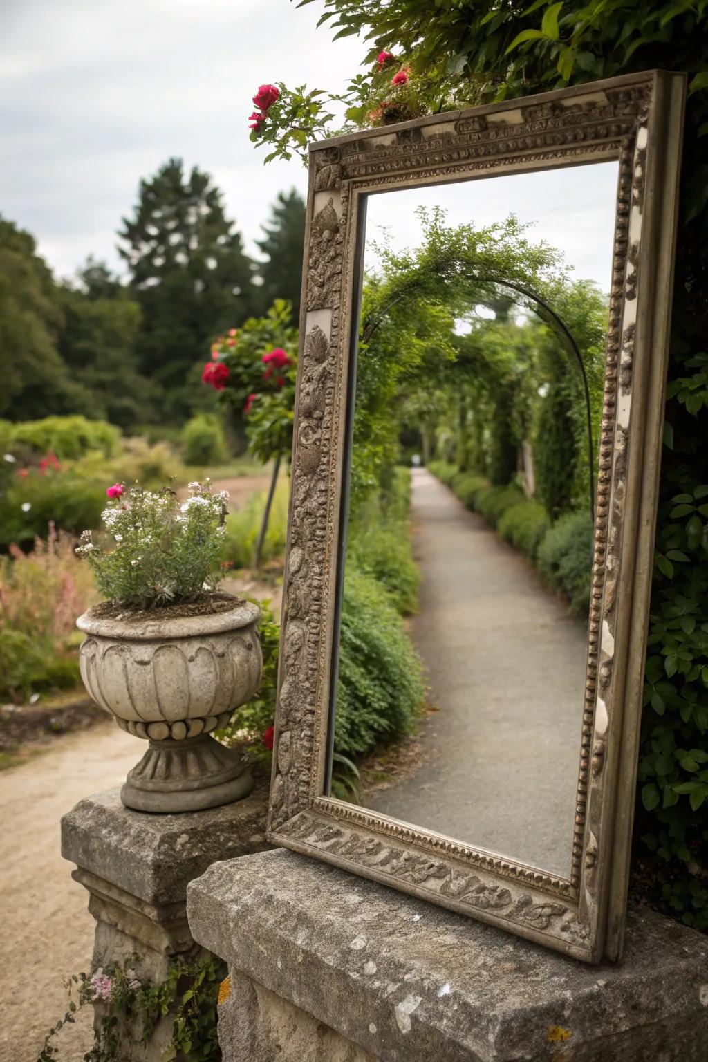 A garden mirror reflecting light and verdure, enlarging the expanse.