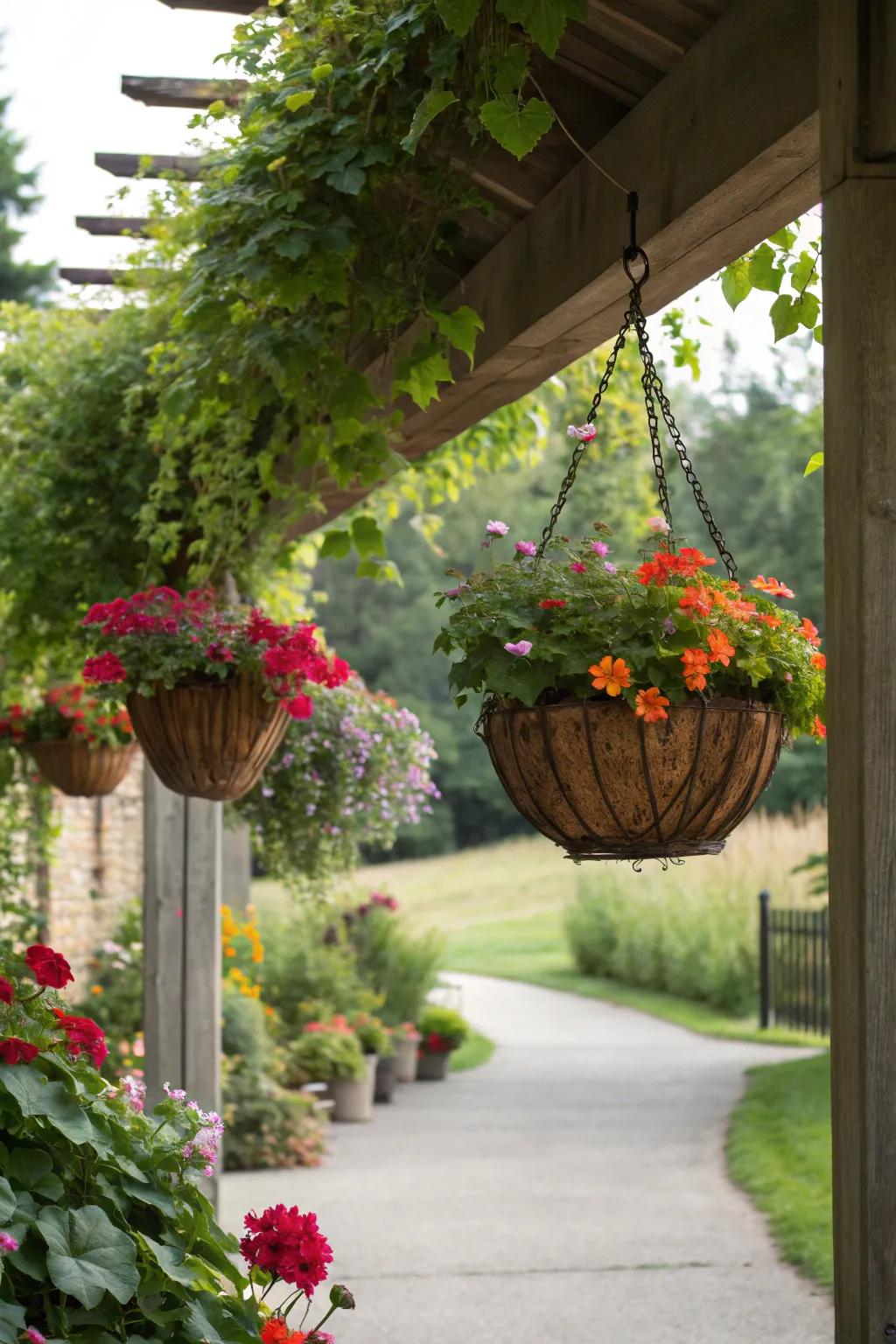 Suspended baskets overflowing with vibrant vines and flowers.