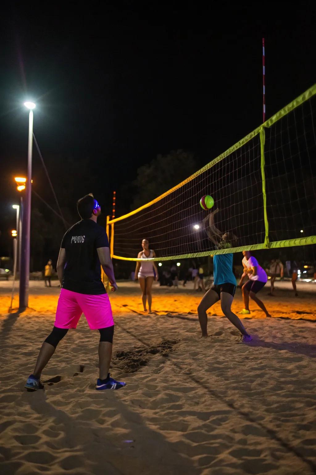 Night volleyball game glowing under the stars