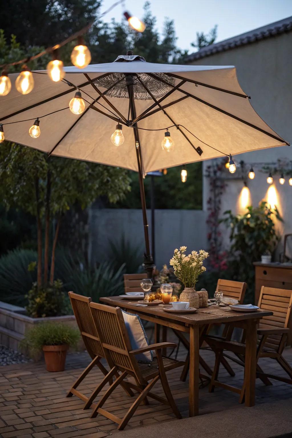 Umbrella lights promoting a cozy dining ambiance.