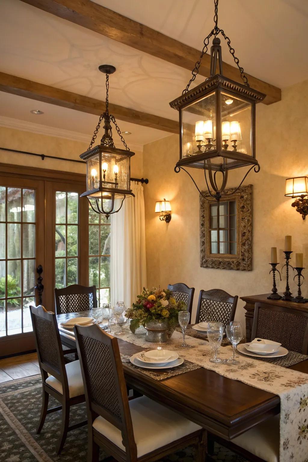 Lantern-style lighting adds timeless charm and warmth.