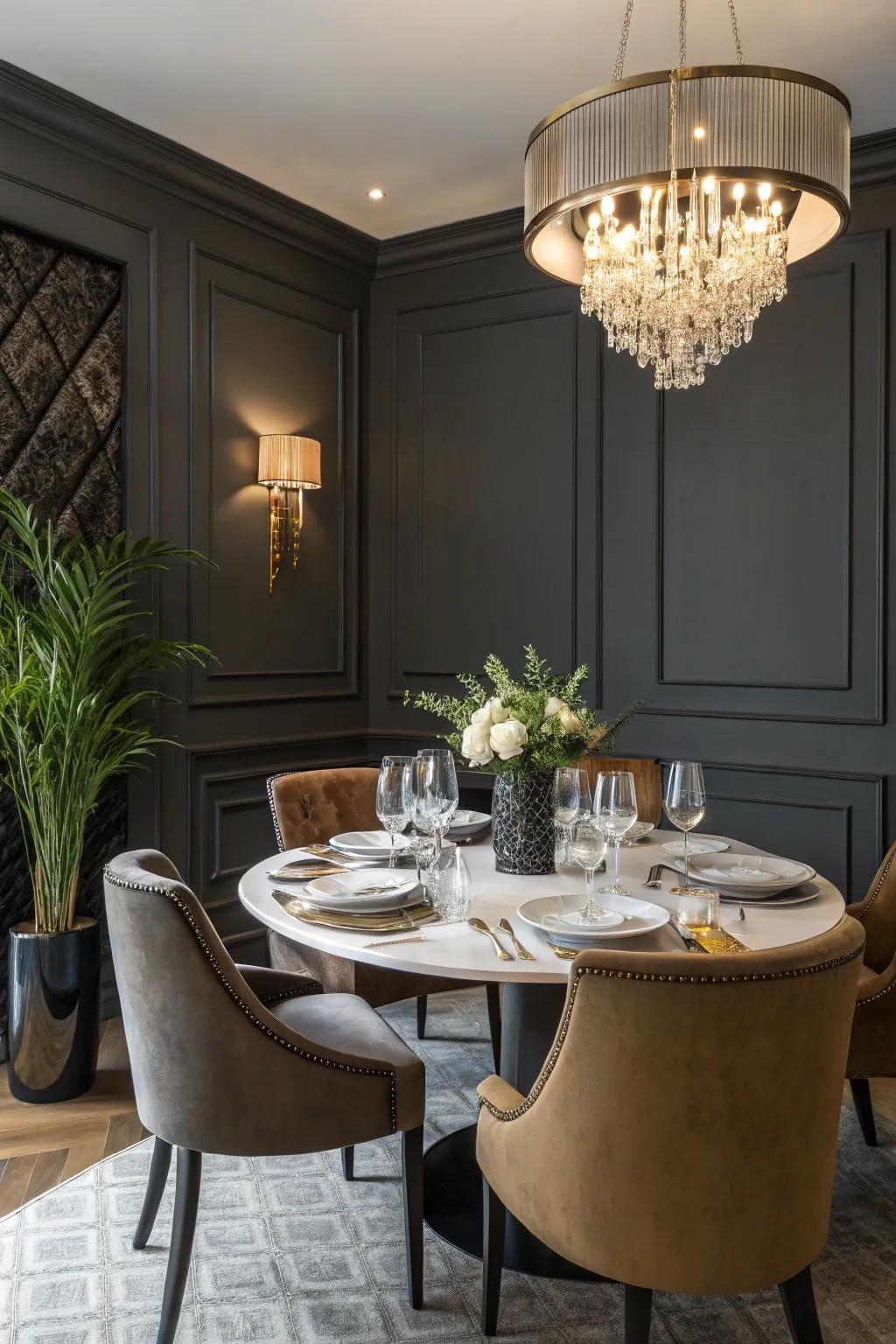 Murky hues introduce dramatization and sophistication to a chamber.