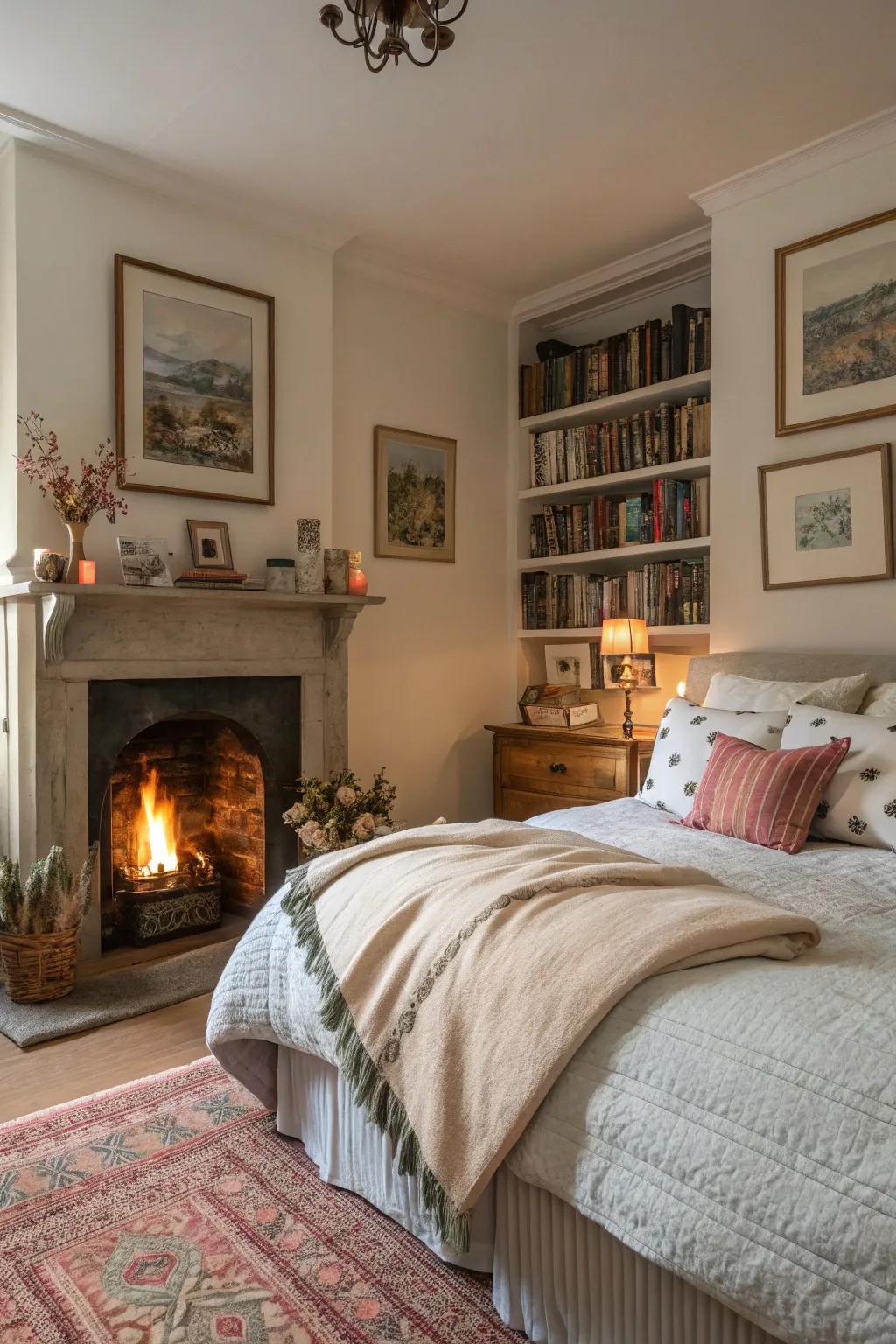 A bedroom with an indoor fireplace offers warmth and a peaceful focal point.