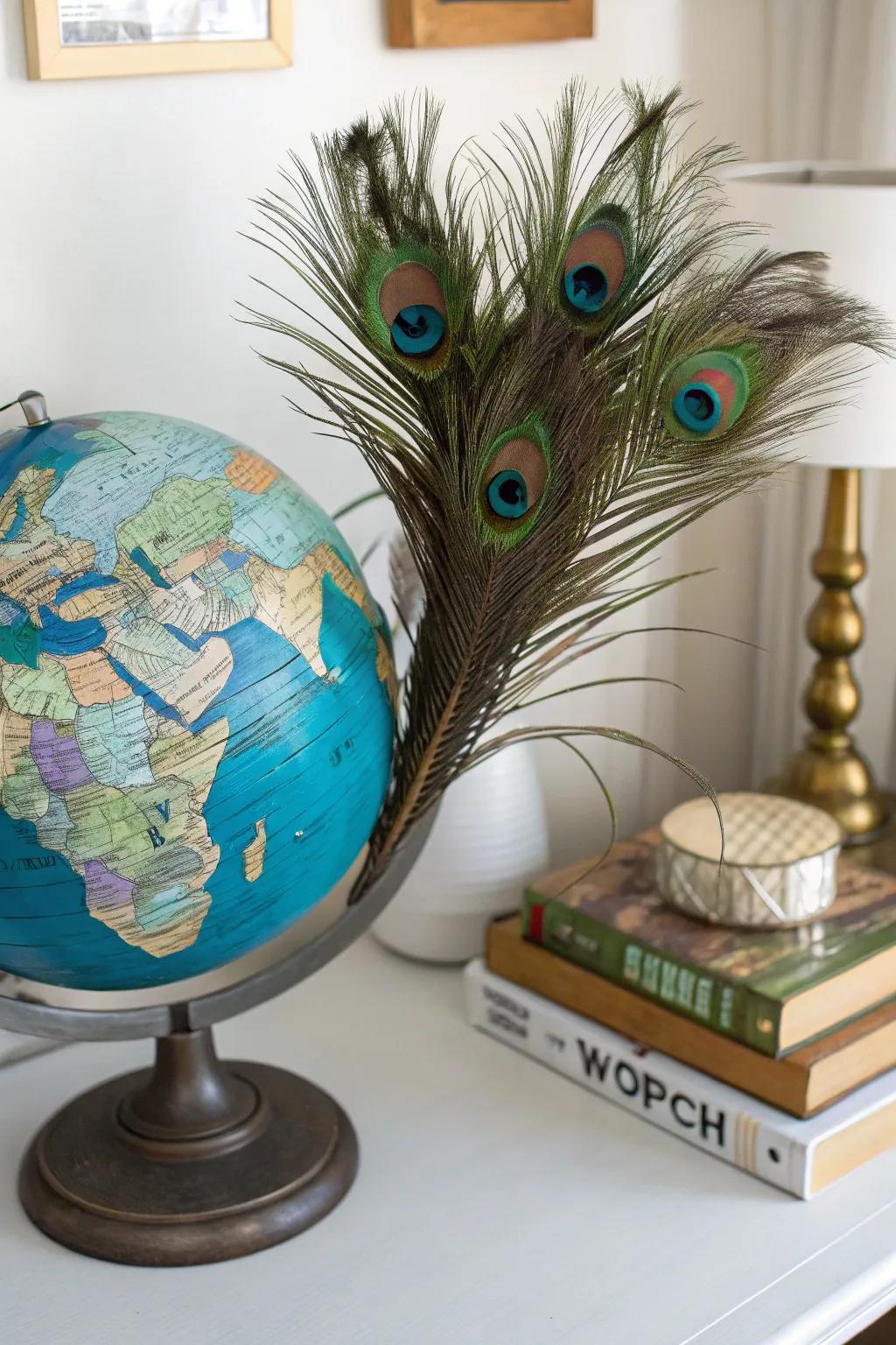 A travel-inspired centerpiece featuring an earth and plume bird quills.