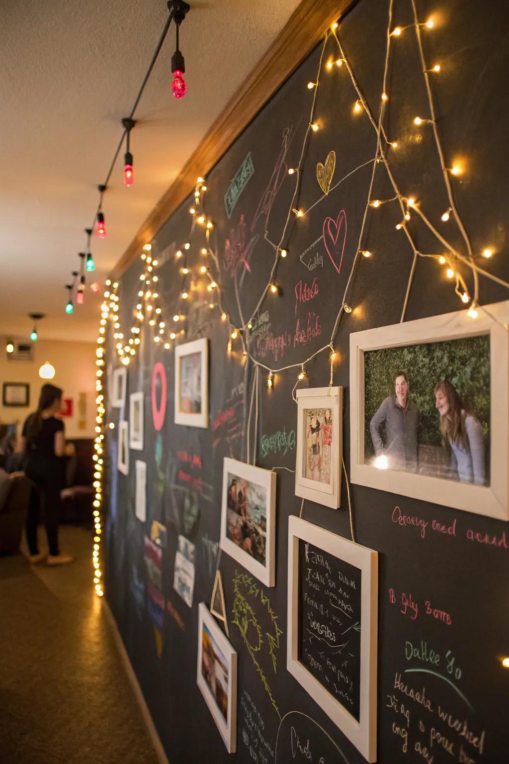 Chalkboard walls and lighting fashion a dynamic area.