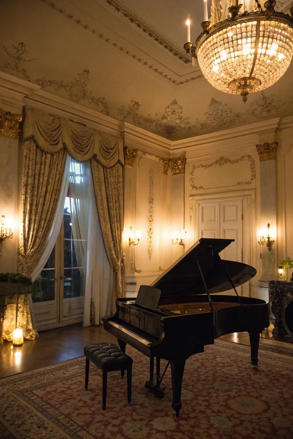 Ornamental illumination highlights the piano and sets the mood.