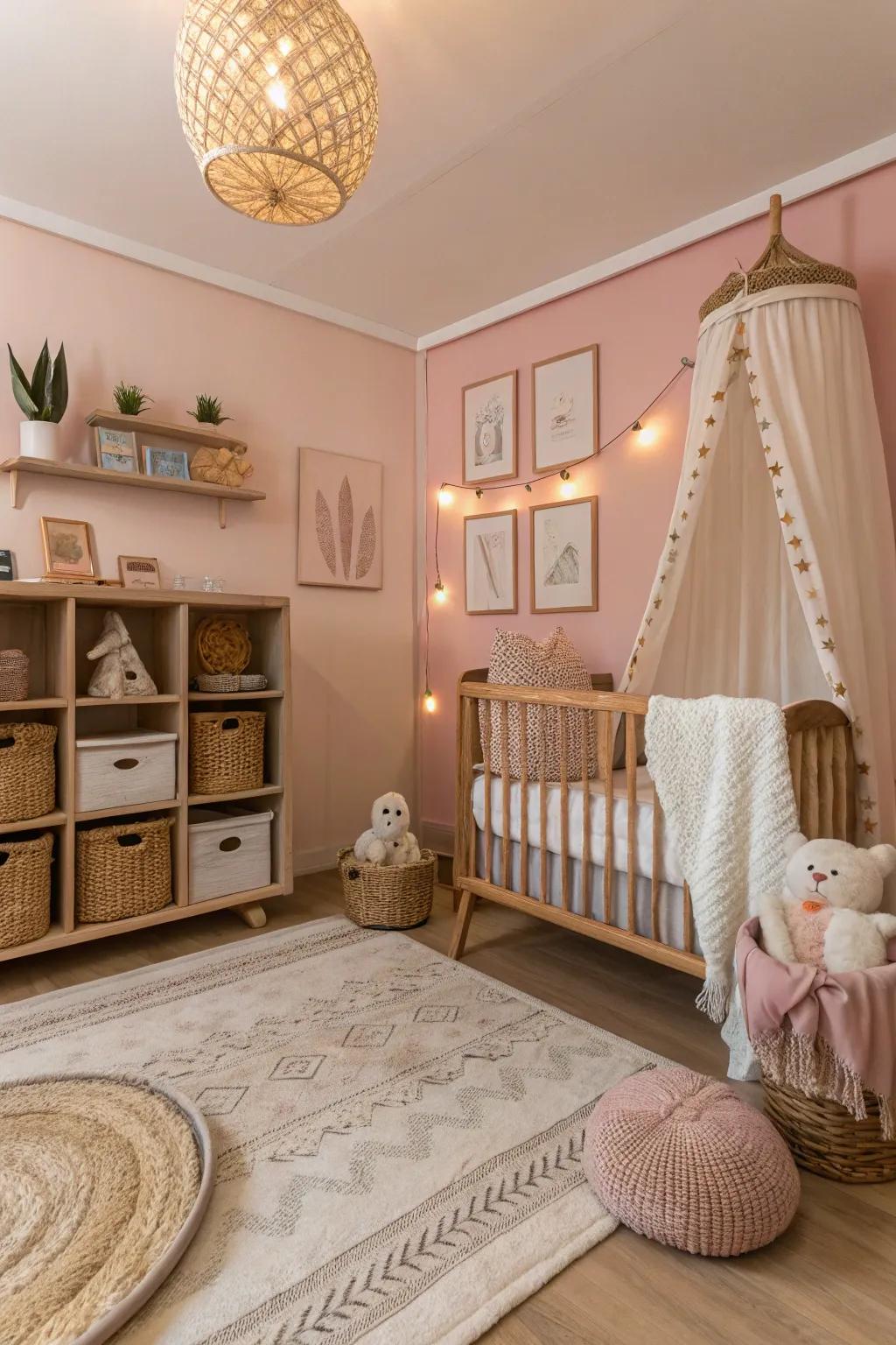 A nursery that mixes rose with earthy shades to achieve a nurturing ambiance.