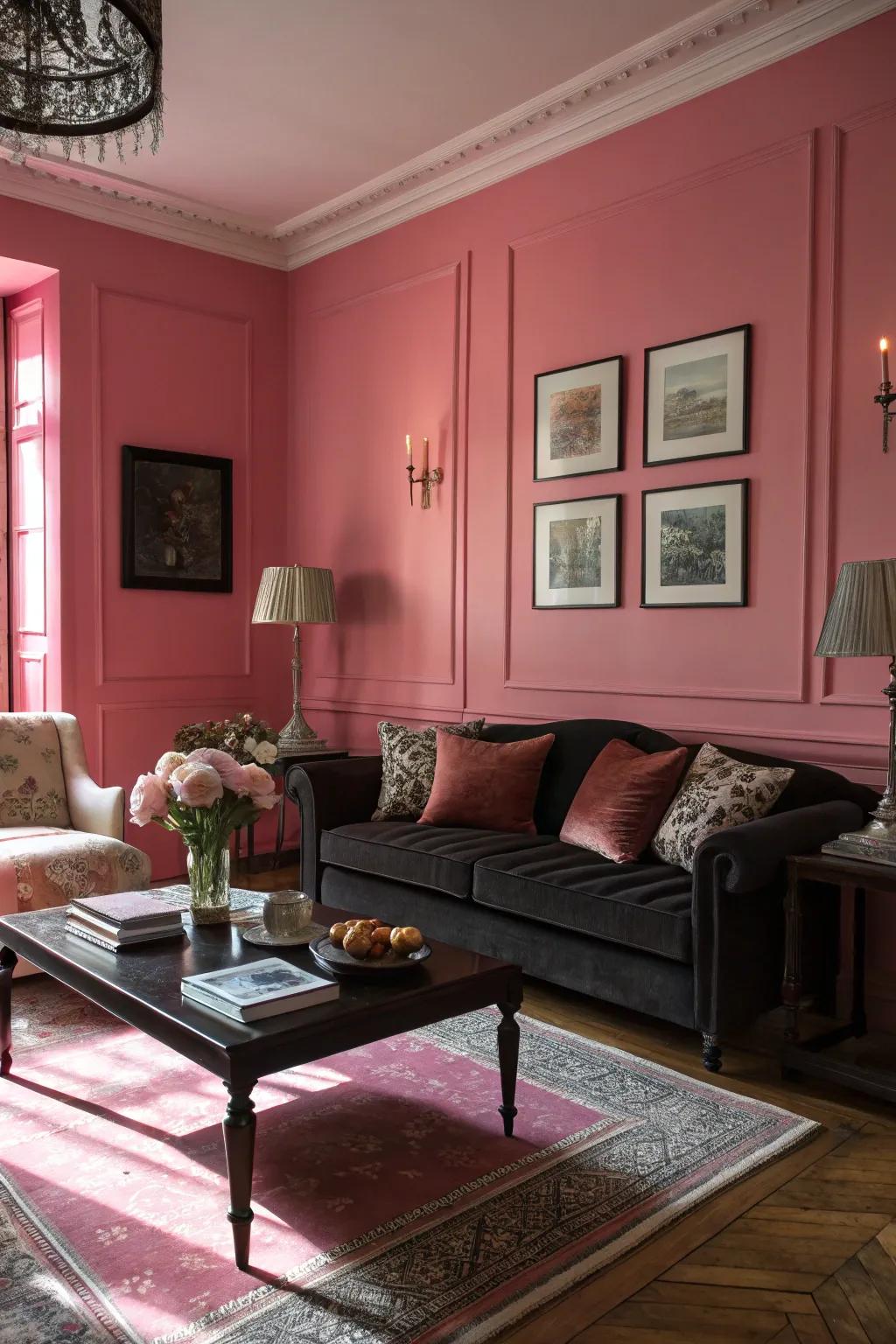 Dark furnishings contrast attractively with rose walls.