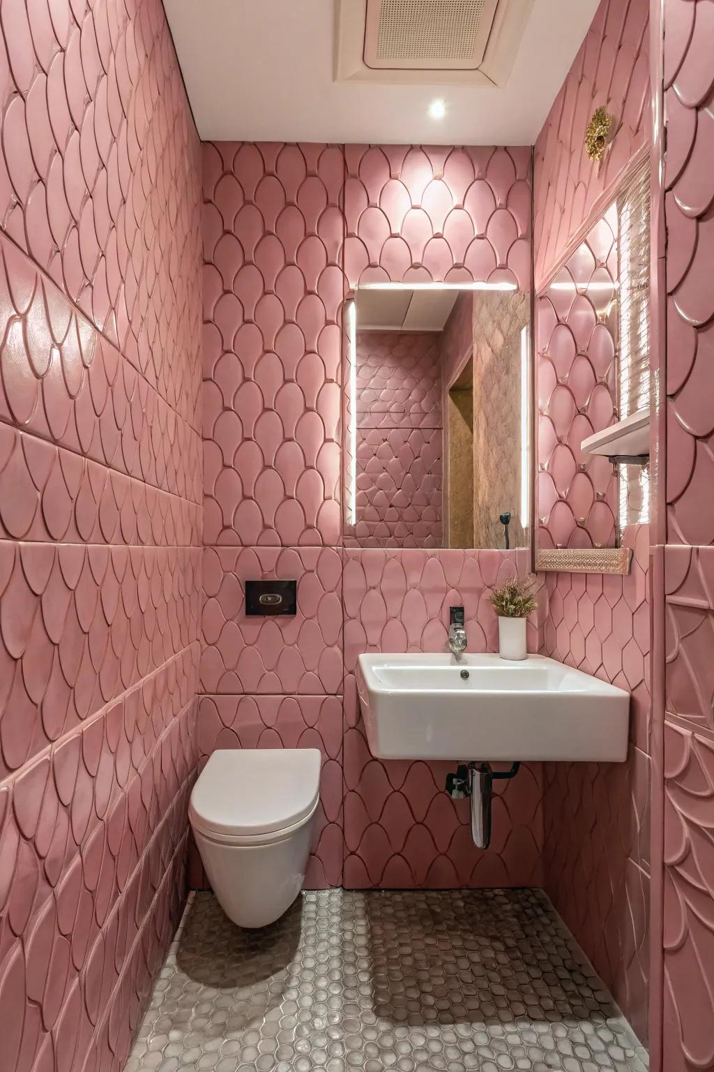 Textured rose tiles adding dimension to the bathroom walls.