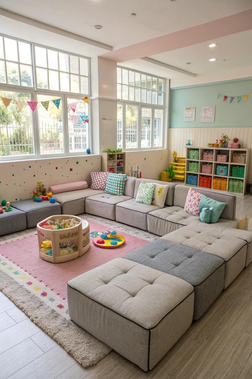 A flexible playroom equipped with adaptable sofa sections.