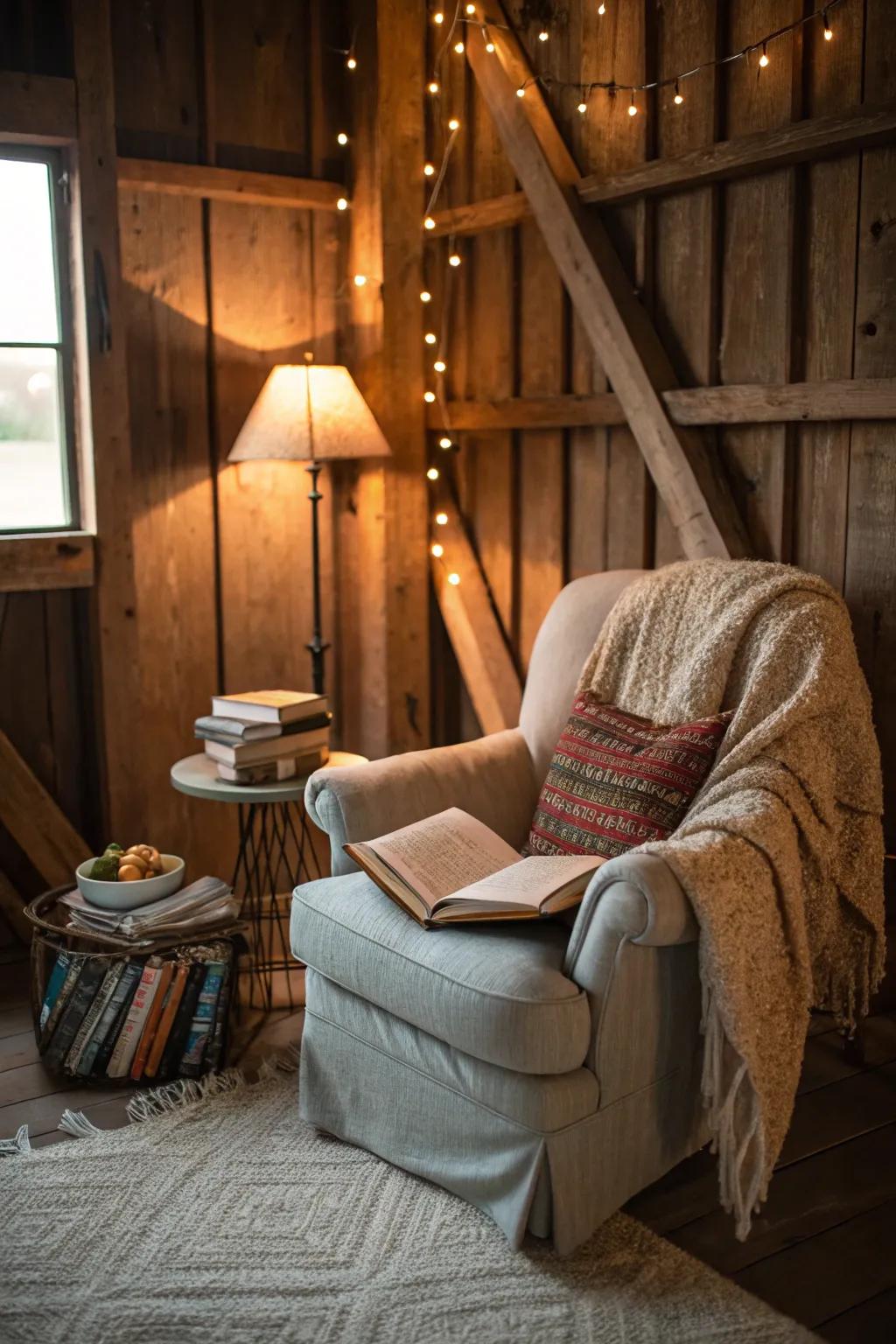 A cozy book corner in a pole barn with a comfy chair and soft lighting.