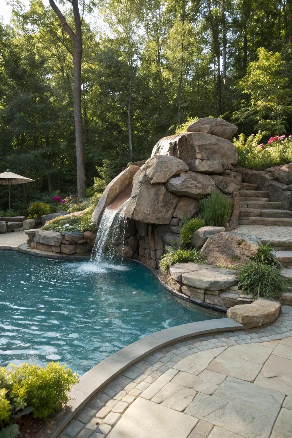 A rock slide adds excitement and adventure to your pool.