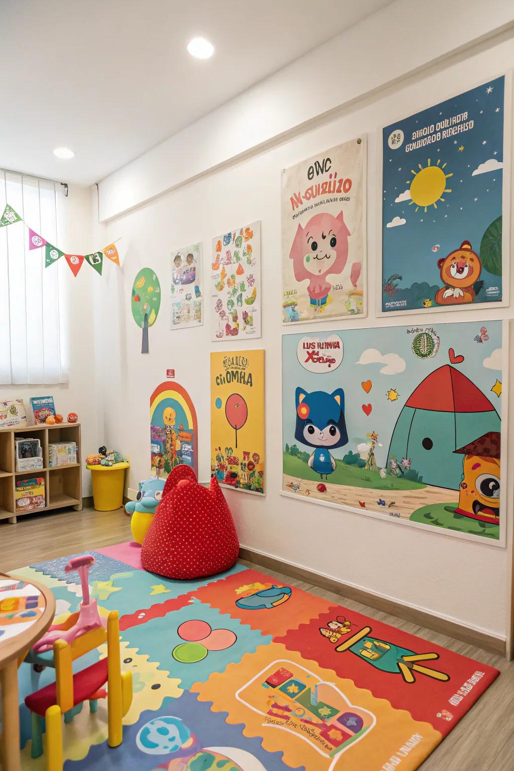 A delightful room featuring playful and whimsical posters.