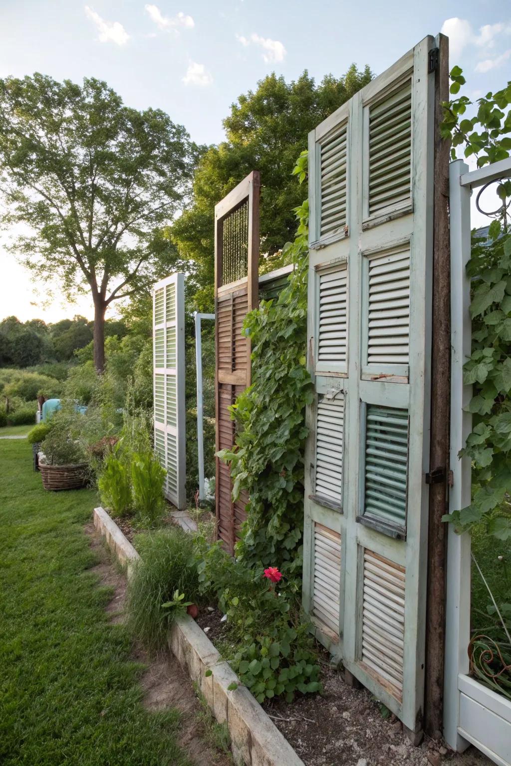 Repurposed window louvers proffer vintage charm and privacy.