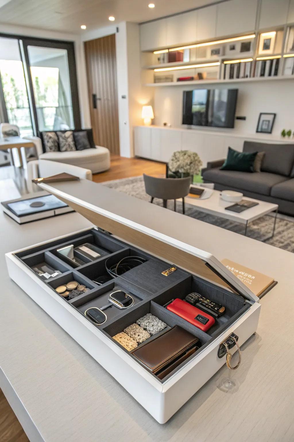 Concealed storage can preserve the orderliness and focus of your presentation.
