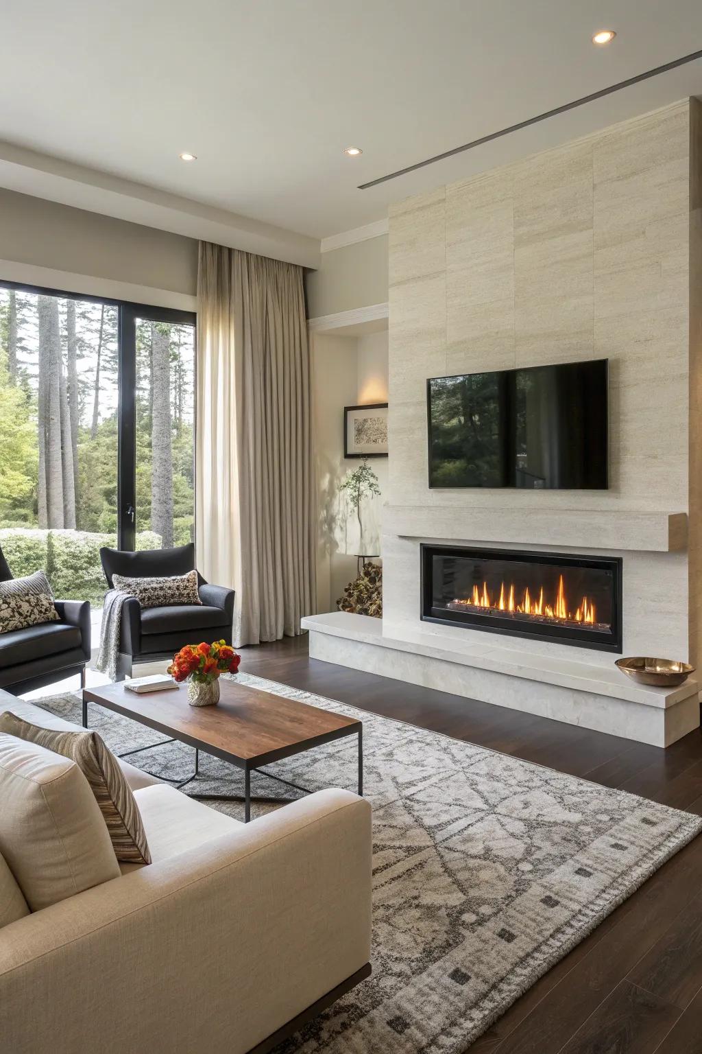 A modern living space showcasing a decorative piece-free propane fireplace.