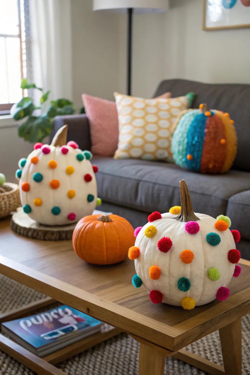 Pom-pom pumpkins imparting a fuzzy texture.
