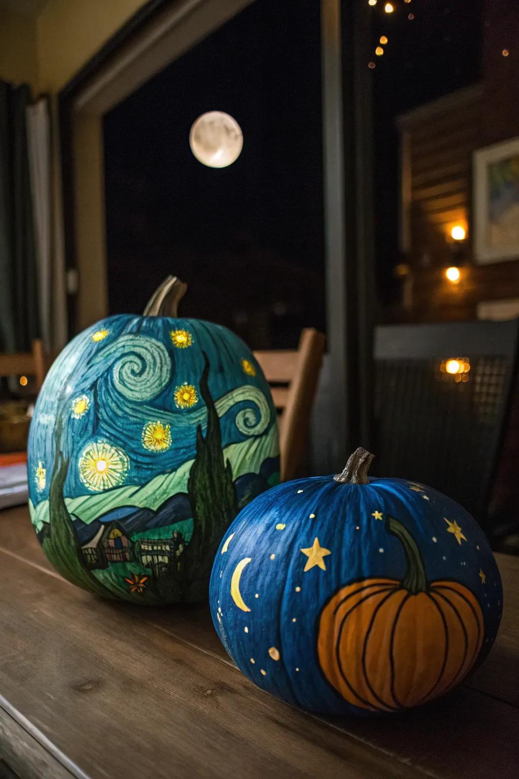 Starry evening pumpkins append a celestial allure to fall decorations.