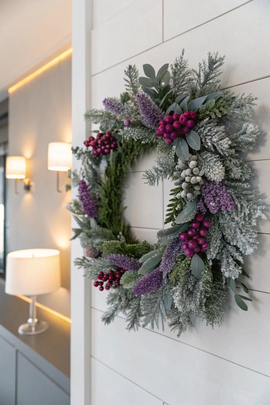 Frosted eucalyptus and purple create a fresh, modern look.