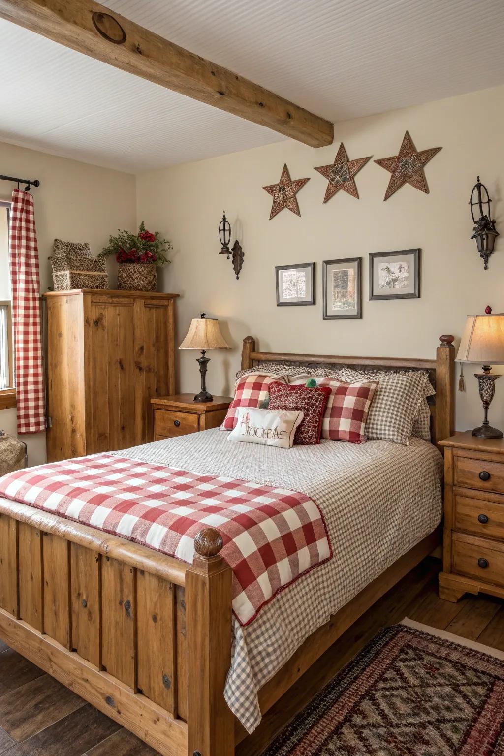 A countryside bedroom featuring gingham bedding and decorative components.