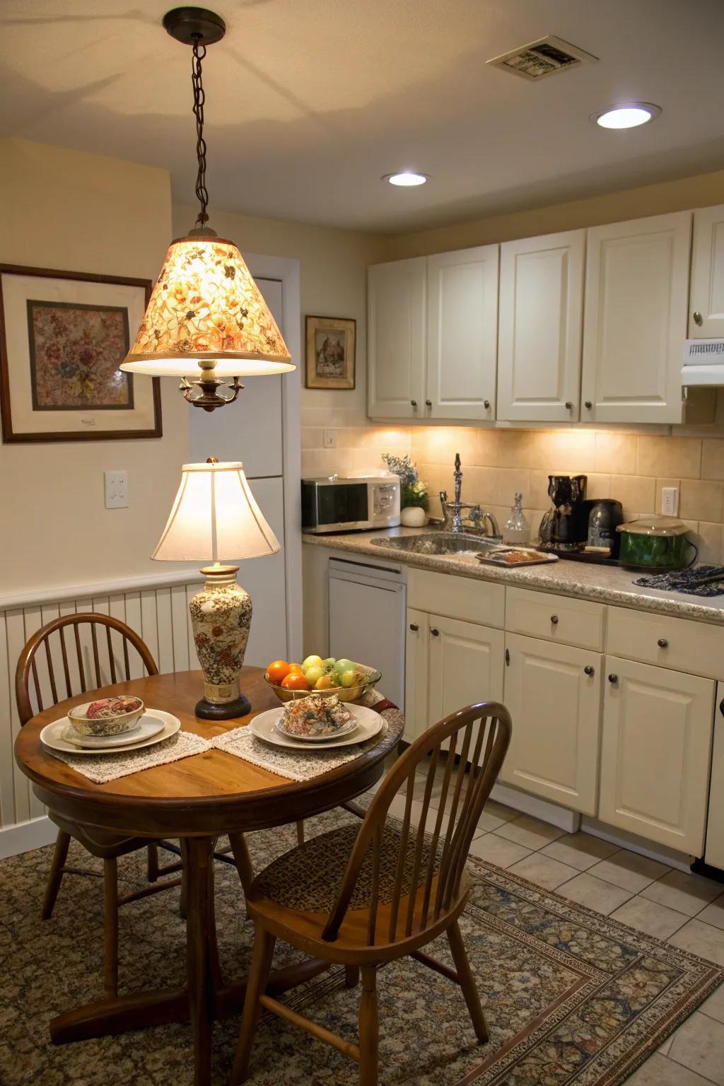 Table lamps introduce a cozy element to the kitchen ambiance.