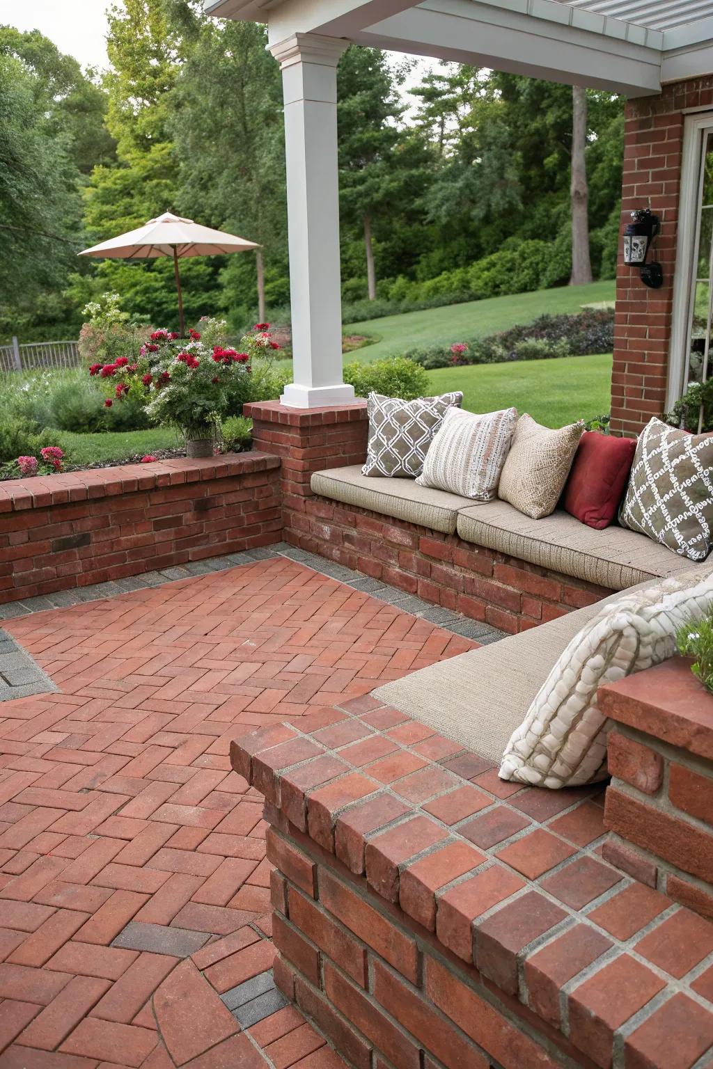 A red brick patio featuring comfortable integrated seating solutions
