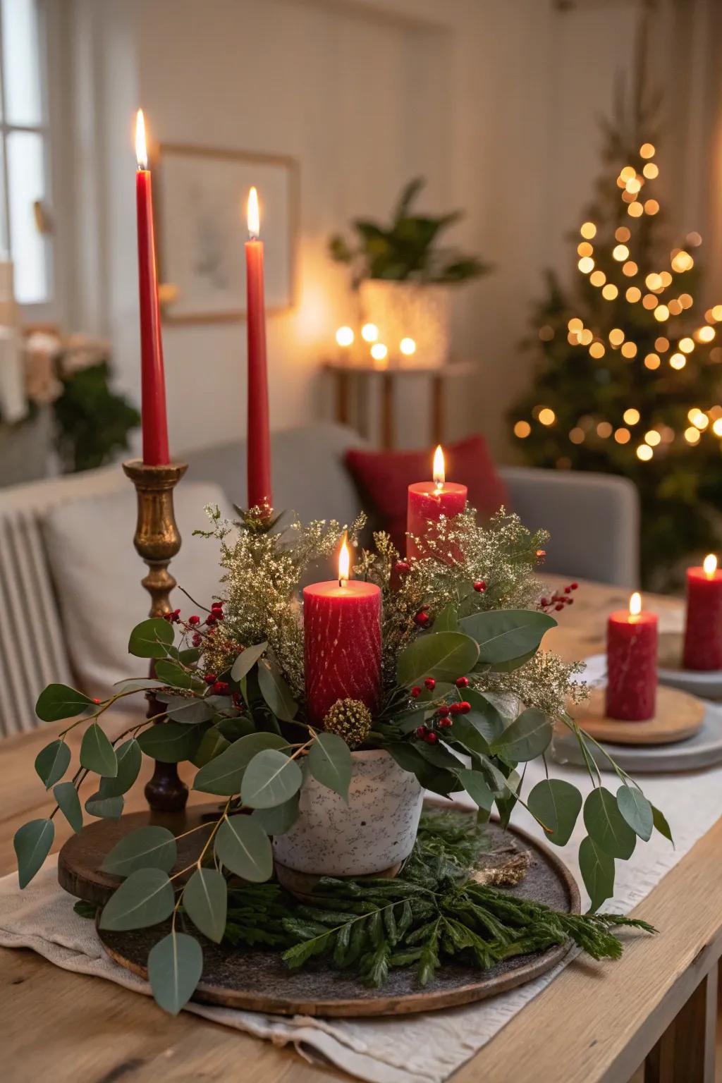 A warm and inviting crimson candle centerpiece.