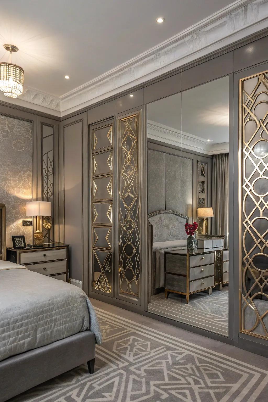 Style elements add a touch of glamour to a repose gray bedroom.