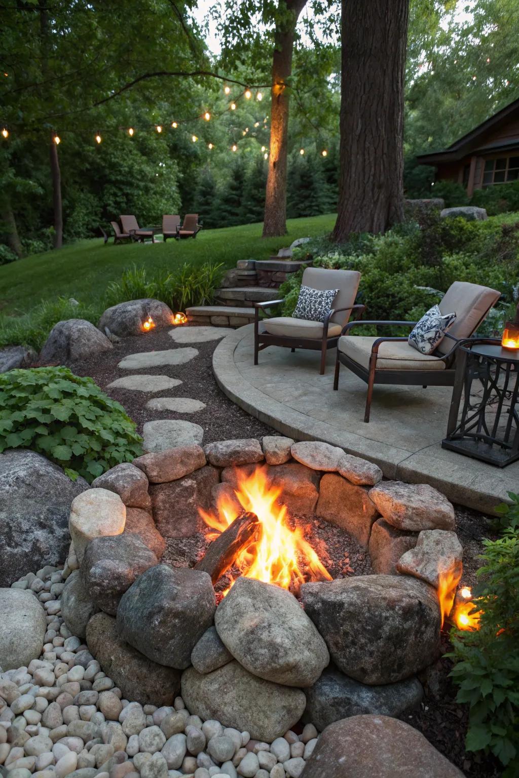 Stone fire pits offer warmth and a natural gathering space.