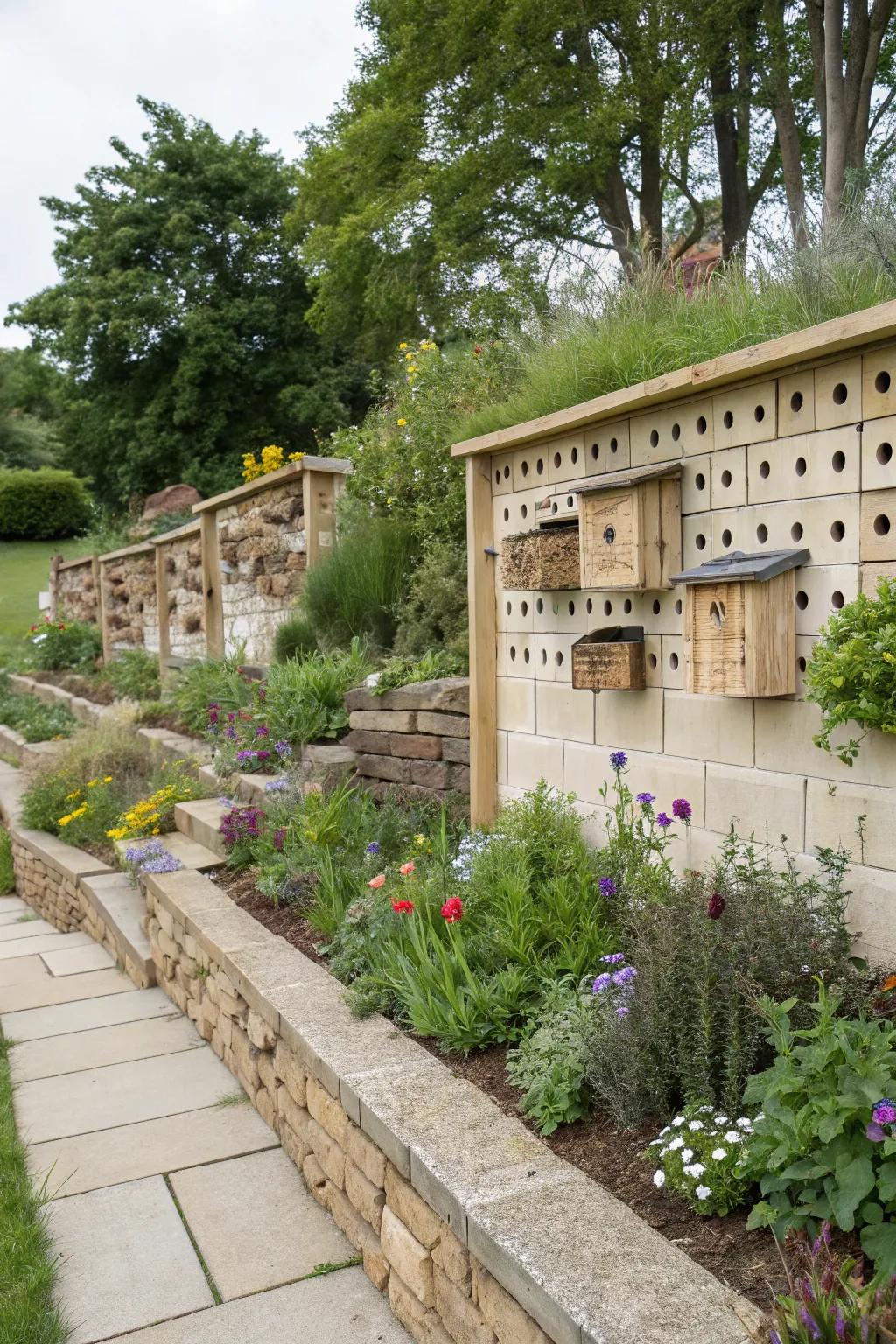 A retaining wall cleverly integrated with habitats, encouraging garden biodiversity.