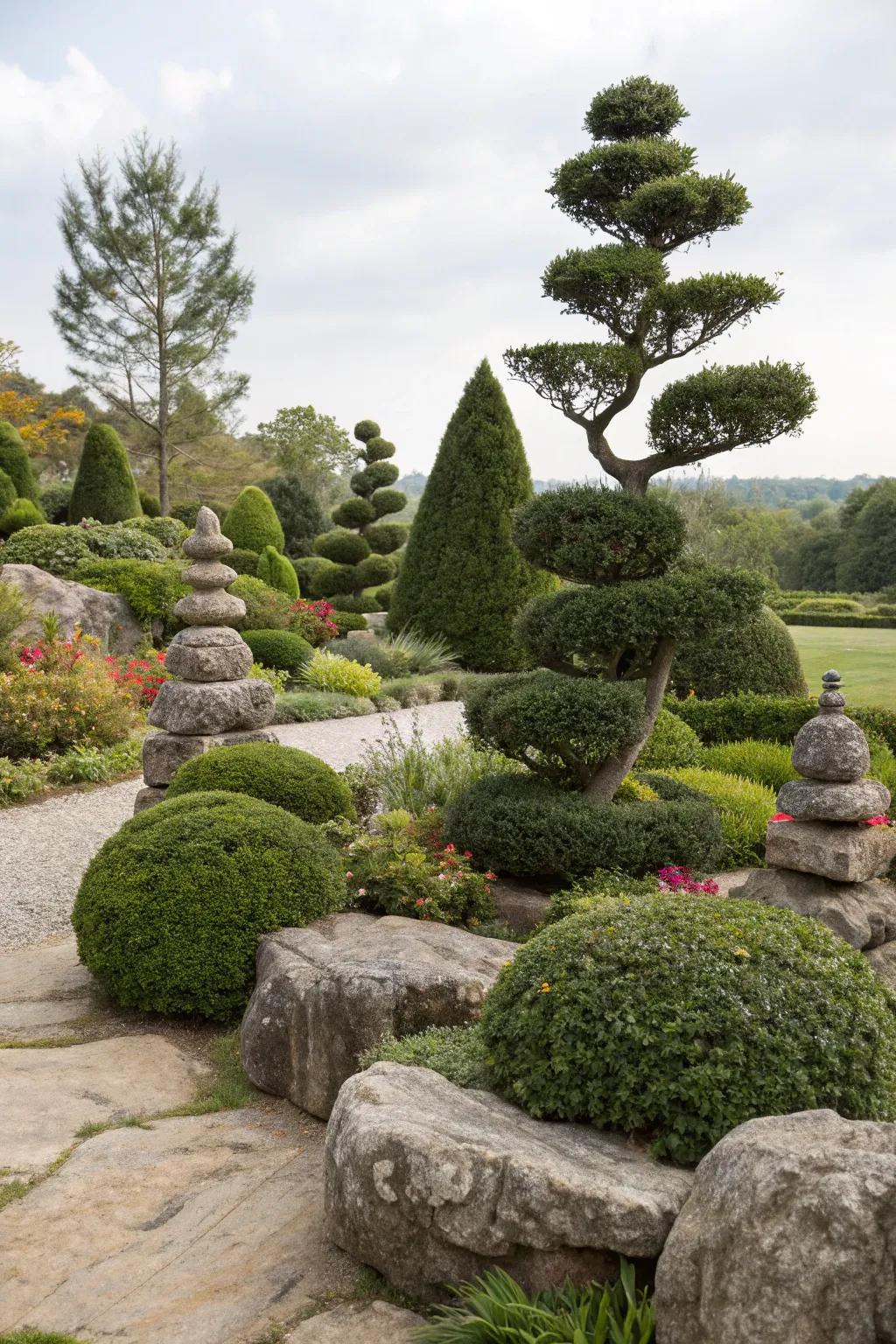 Artistic stone ornaments adding whimsy and elegance to a garden.