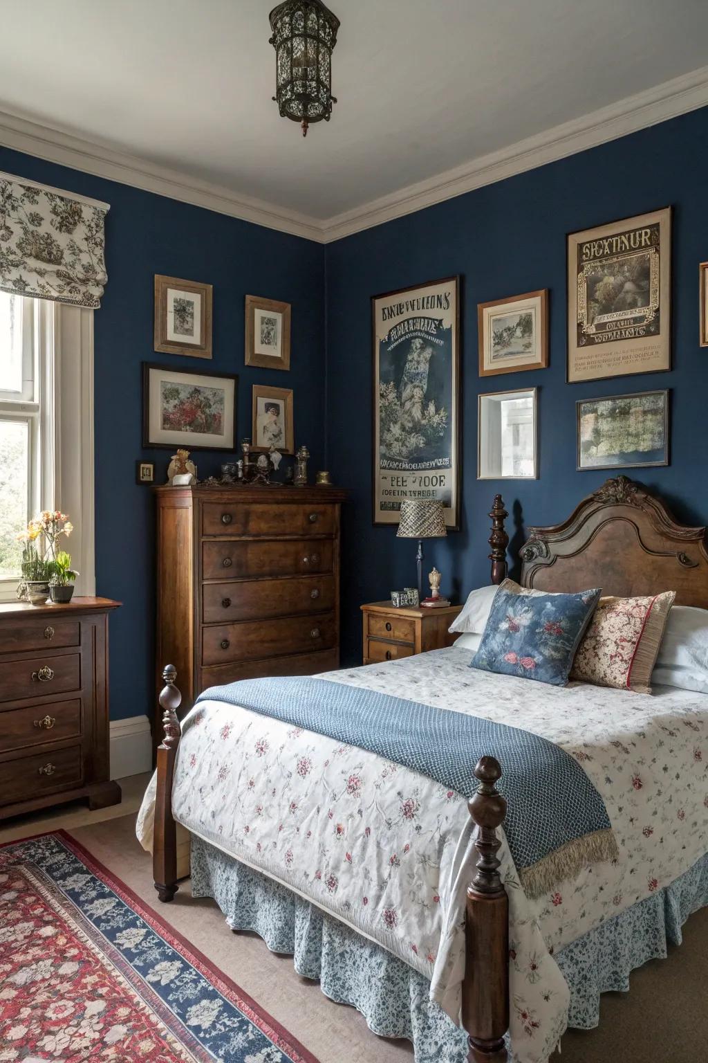 Vintage decor adds character and nostalgic appeal to deep blue rooms.
