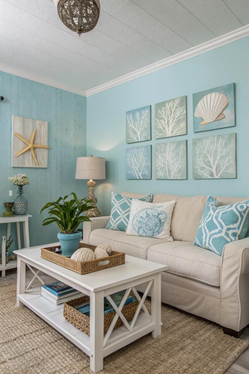 Foggy blues evoke a soothing and seaside feel.