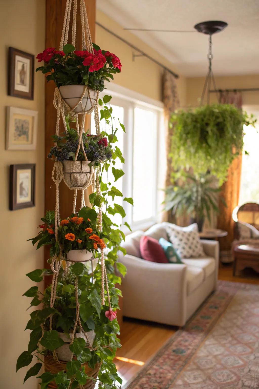 Upright plant hangers add life and create space in any room.