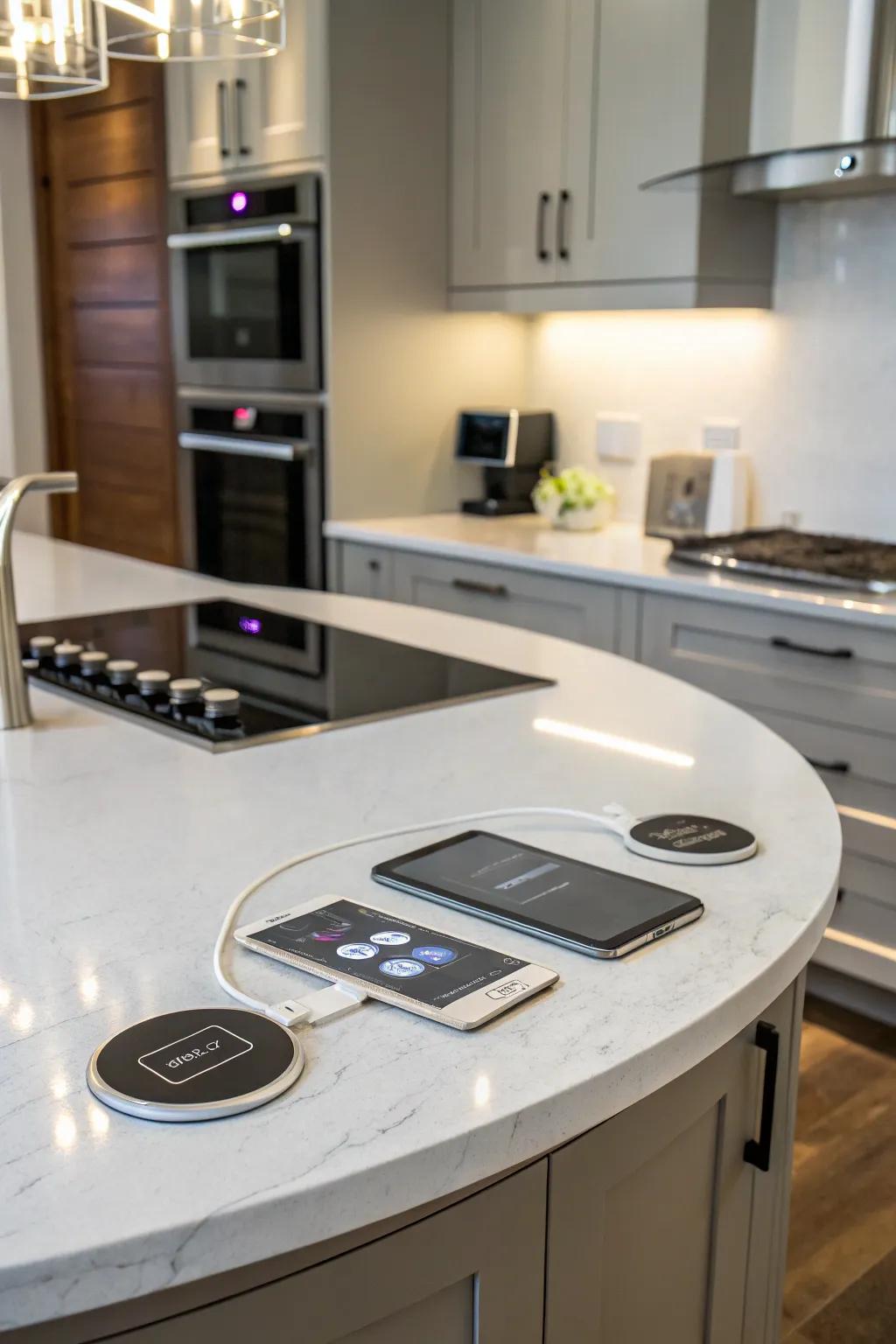 Hidden technology introduces modern convenience to a circular kitchen island.