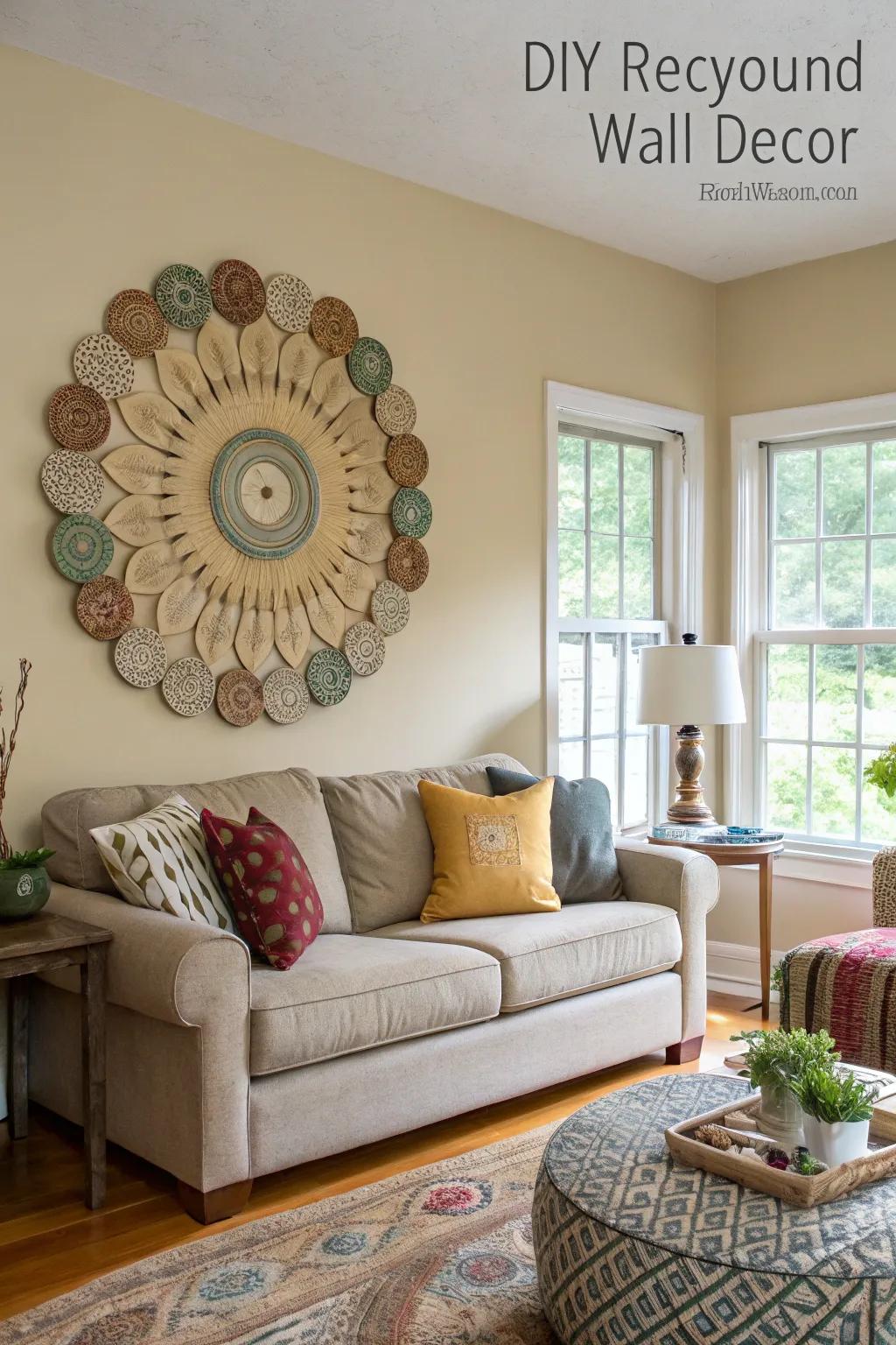A living space featuring DIY circular wall decor crafted from reclaimed materials.