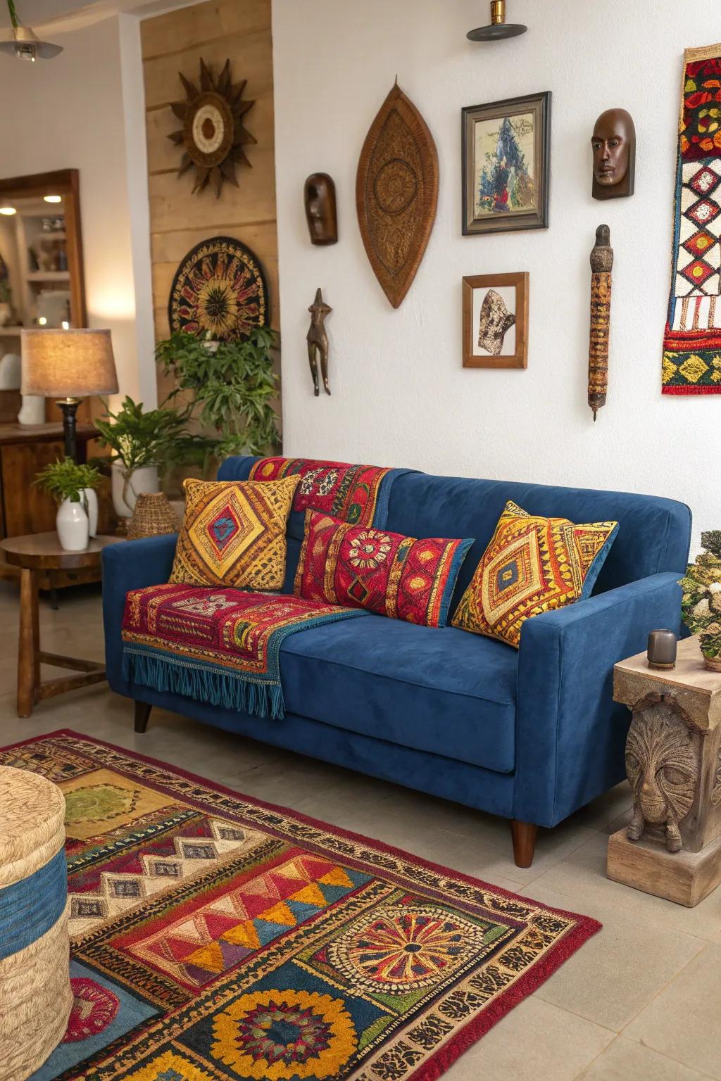 Cultural components enhance the sapphire-colored couch with a rich narrative and visual interest.