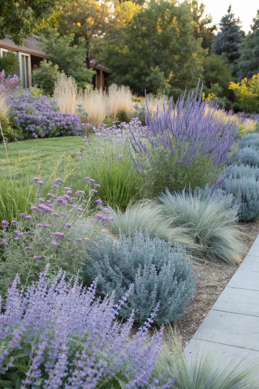 A calming garden escape displaying Azure blooms and blue grass.