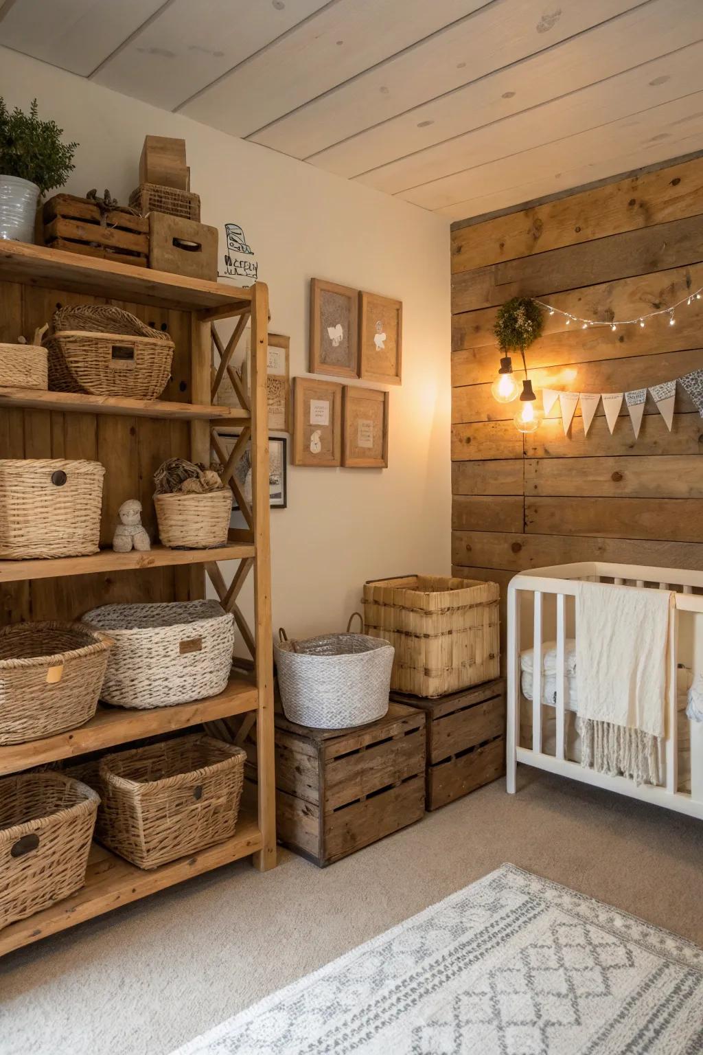 Rustic storage solutions strike a balance between fashionable presentation and practical functionality.