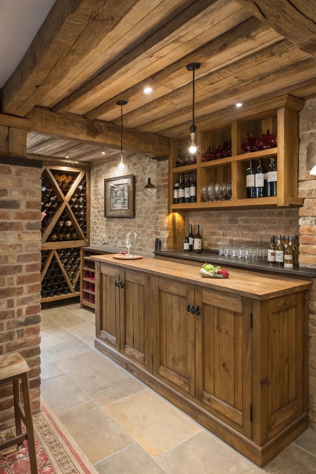 A country-style wine rack beautifully displaying a selection of wines.