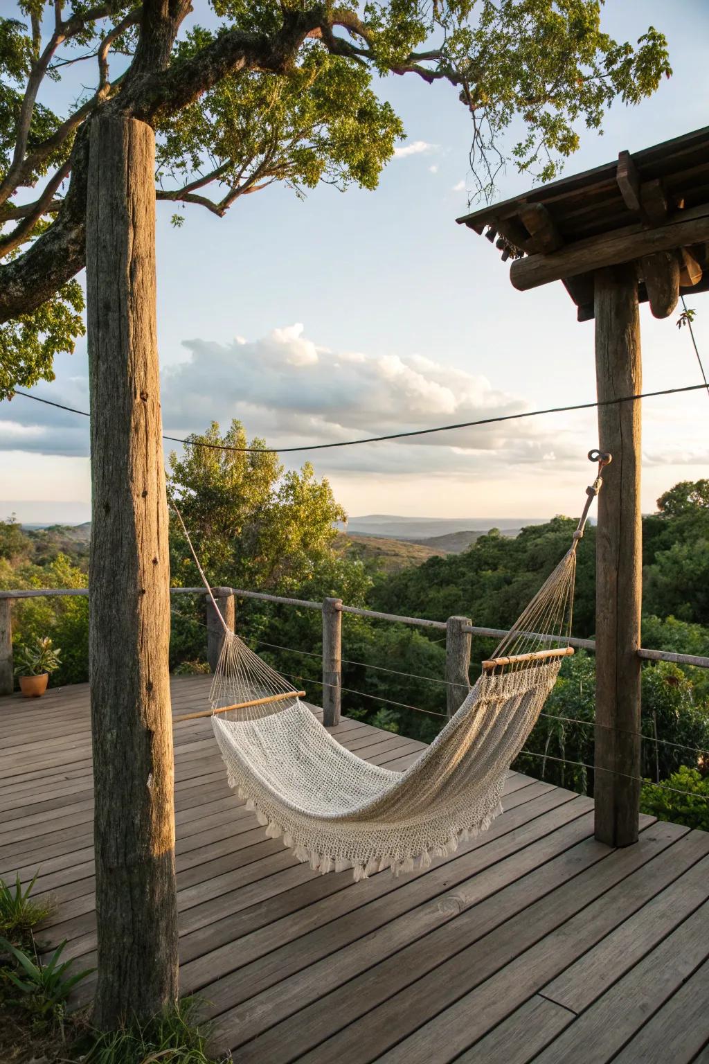 This countryside patio gains a definitive reposeful location through a swaying bed.