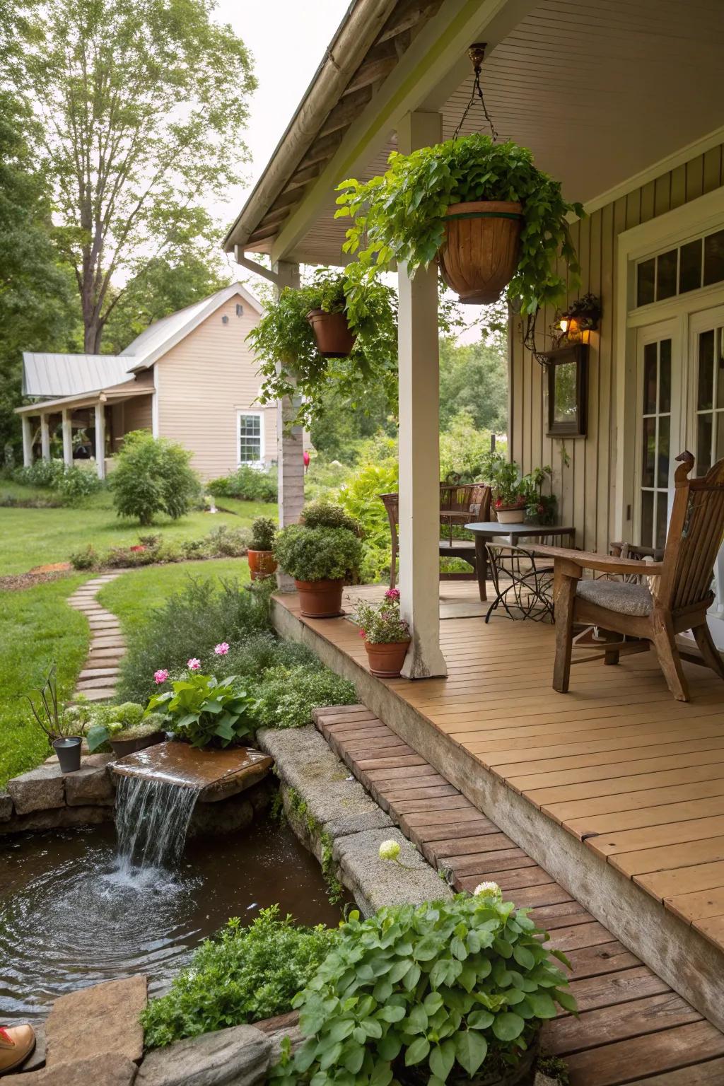 A water feature creates a tranquil retreat on this farmhouse porch.