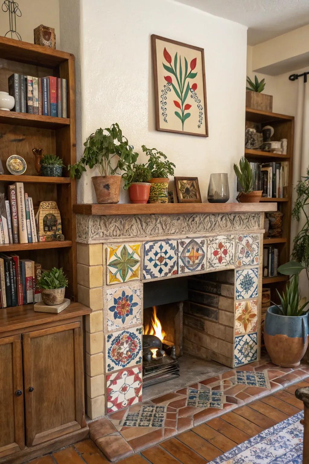 Ceramic tiles include color and pattern to this artistic countryside fireplace.