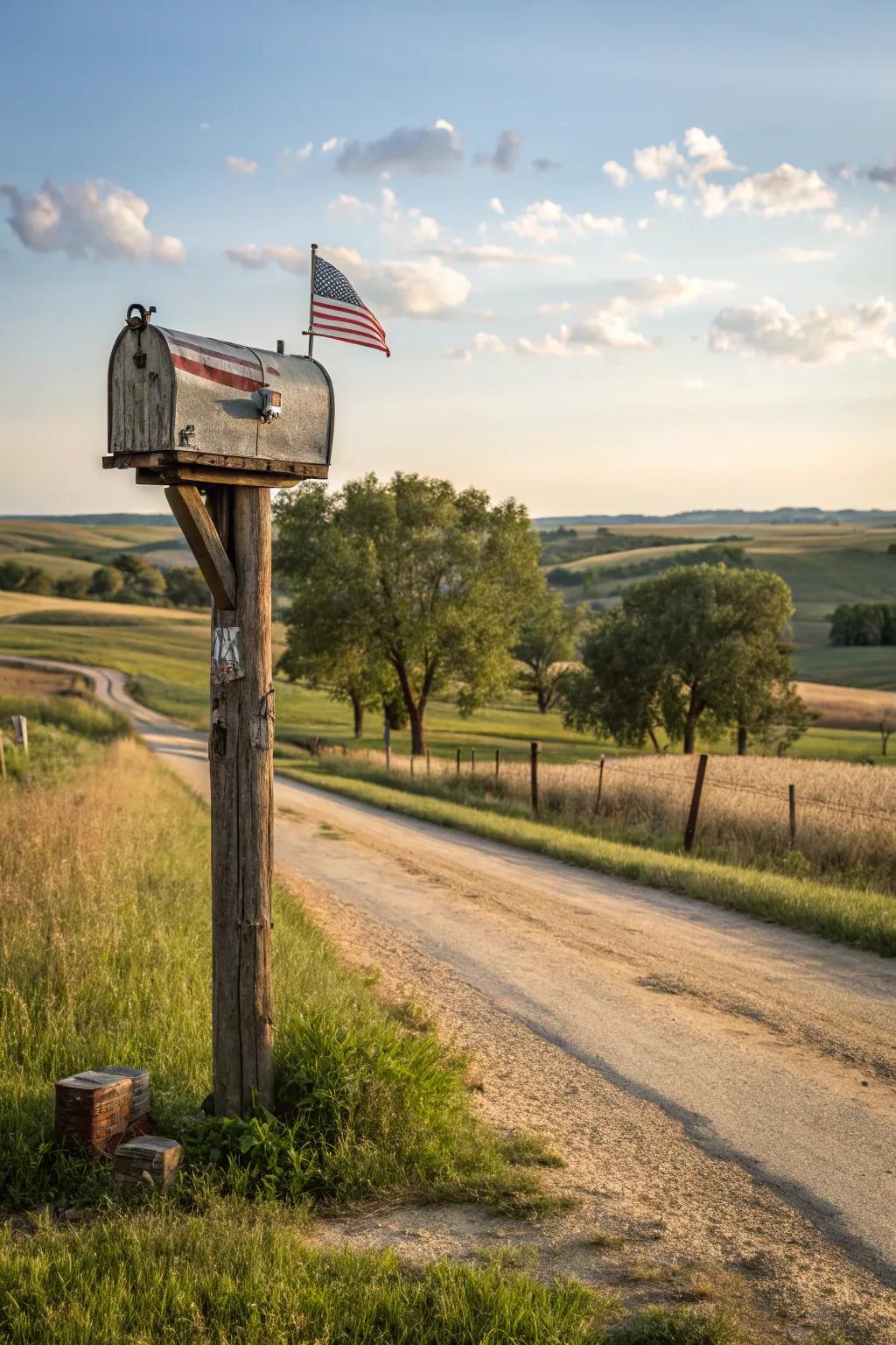 Repurposed agricultural equipment acknowledges agricultural traditions in this mailbox support.